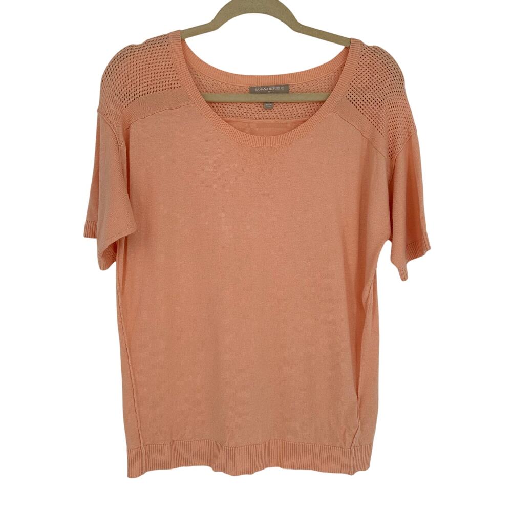 Banana Republic Sweater Women M Petite Orange Open Knit Ribbed Short Sleeve Crew